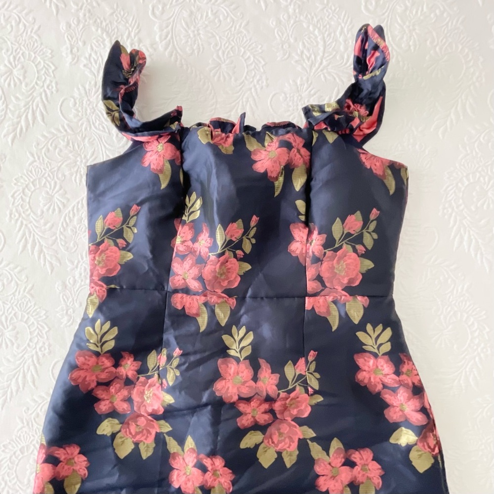 NWOT Lulus Pop the Bottle Navy Blue Floral Jacquard Ruffled Mini Dress XLarge - Picture 3 of 8
